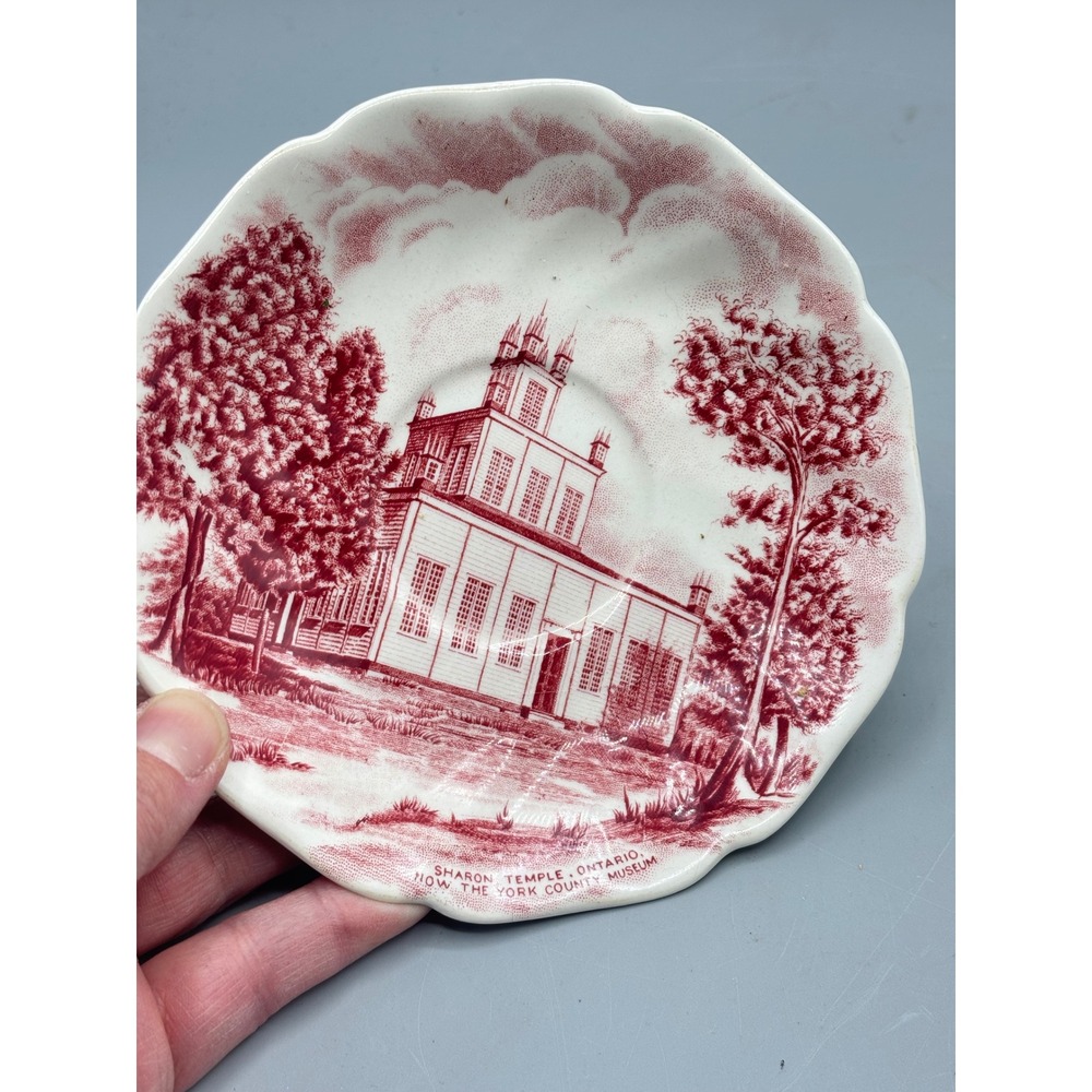 Johnson Bros Red Transferware Saucer Sharon Temple Ontario York County Museum